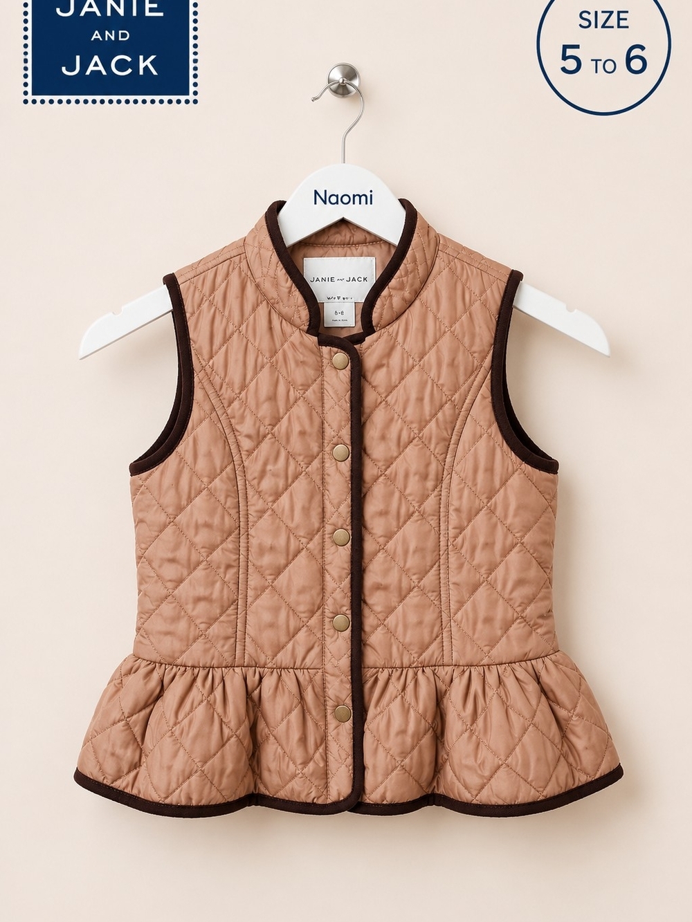 Janie and Jack Camel Quilted Peplum Vest with Dark Brown Trim